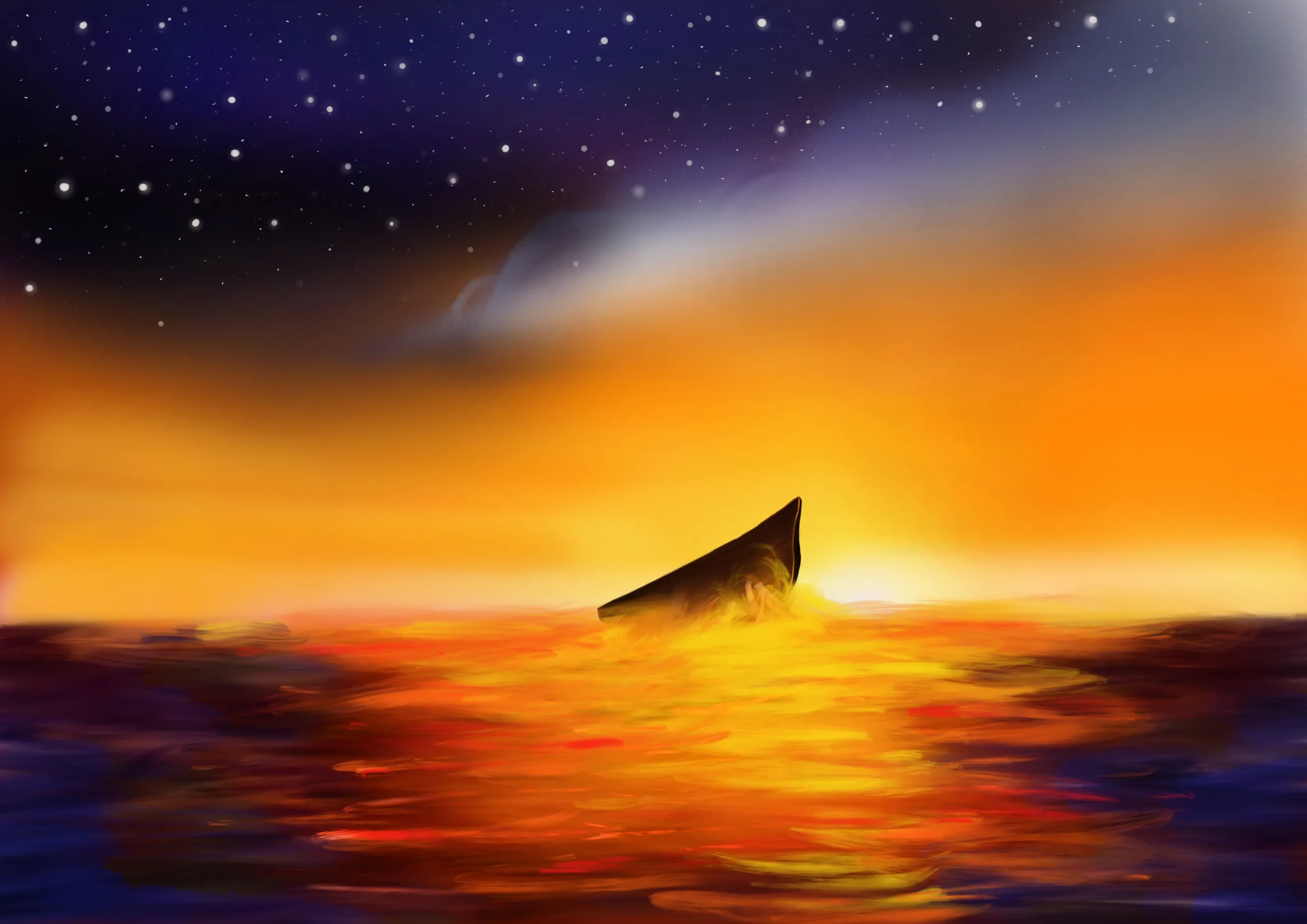 A golden hour painting of a boat on a calm sea beneath a starry night sky