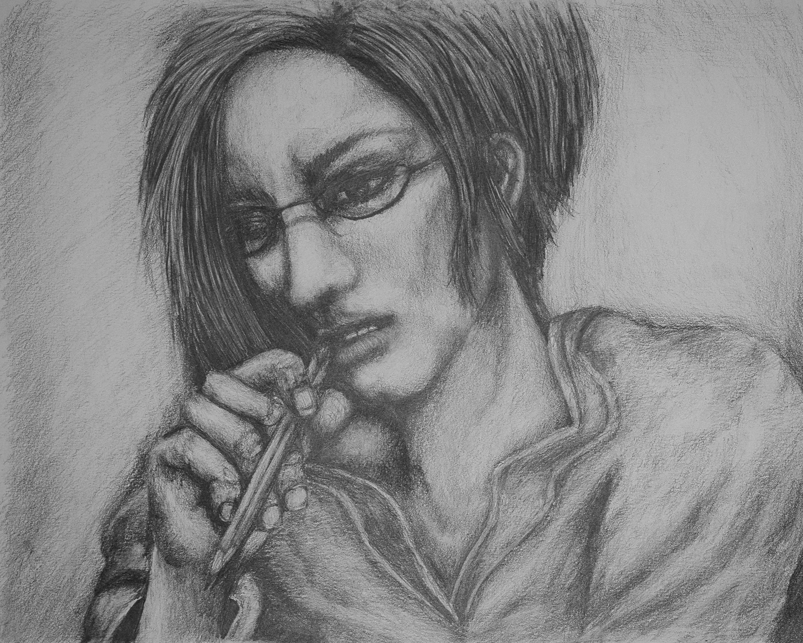 A pencil self portrait of Sam with a thoughtful brow biting a pencil