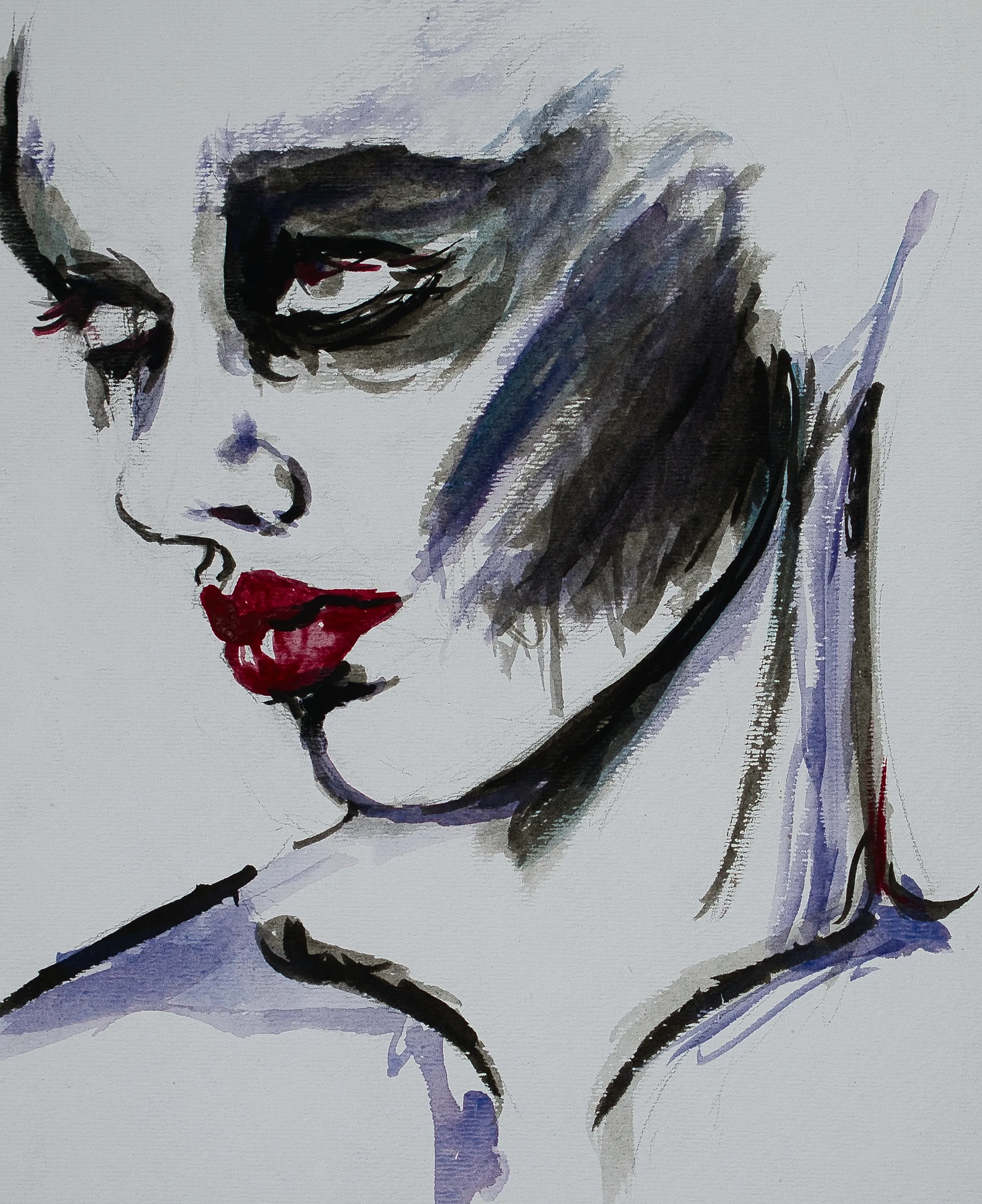 Black and purple watercolor side-portrait of woman with red lips and sunken cheeks